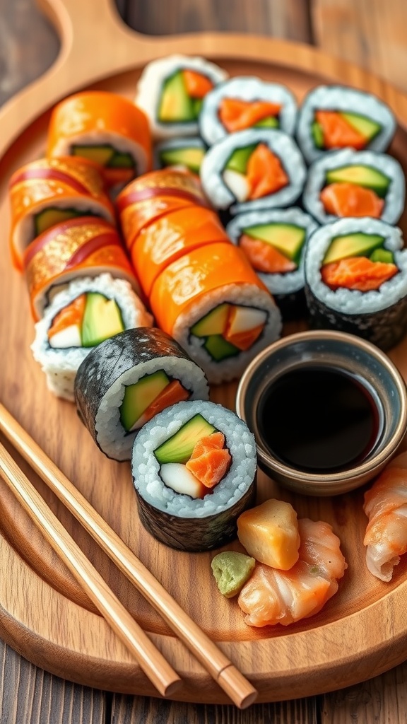 An artistic display of sushi rolls with salmon, avocado, and cucumber on a wooden platter, accompanied by soy sauce and wasabi.